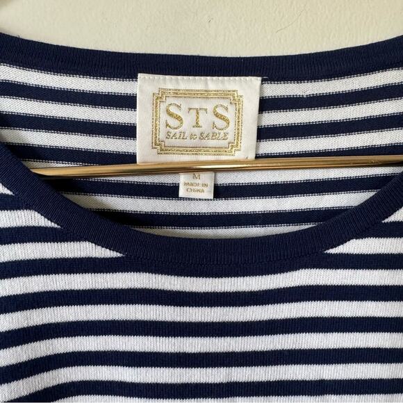 Sail to Sable Navy and White Striped Bell Sleeve Sweater Dress M - Picture 5 of 6